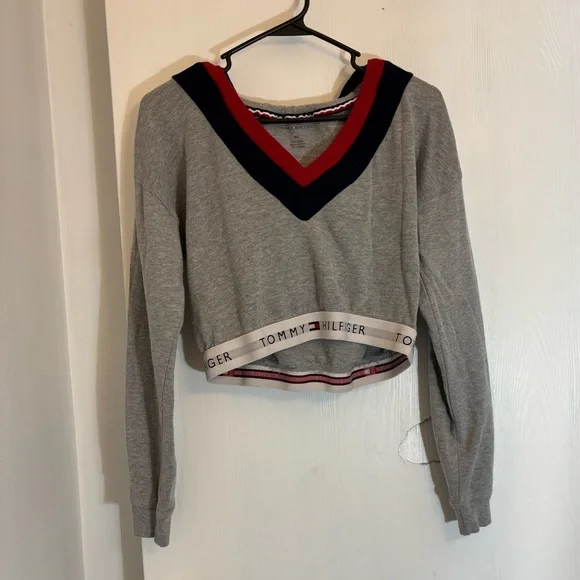 Tommy Hilfiger Gray Cropped Varsity Hoodie W Elastic Waistband Womans Size Small - Picture 1 of 6